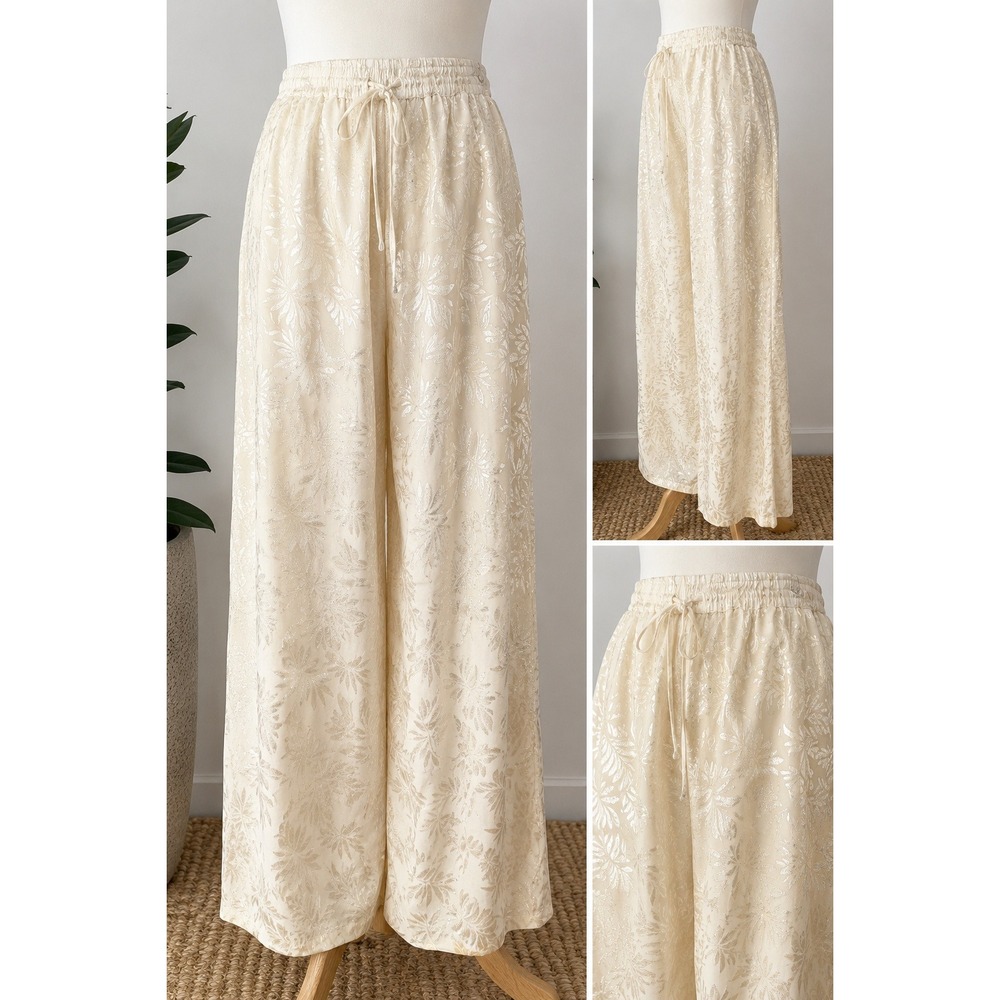 Xirena‎ Soren Cream Jacquard Palm Leaf Wide Leg Drawstring Pants Small